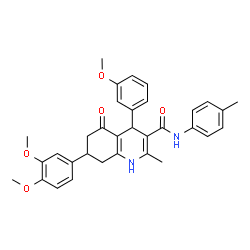 ChemSpider 2D Image | 7-(3,4-Dimethoxyphenyl)-4-(3-methoxyphenyl)-2-methyl-N-(4-methylphenyl)-5-oxo-1,4,5,6,7,8-hexahydro-3-quinolinecarboxamide | C33H34N2O5