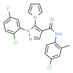 ChemSpider 2D Image | 1-(2-Chloro-5-fluorophenyl)-N-(4-chloro-2-methylphenyl)-5-(1H-pyrrol-1-yl)-1H-pyrazole-4-carboxamide | C21H15Cl2FN4O