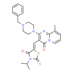 ChemSpider 2D Image | 2-(4-Benzyl-1-piperazinyl)-3-[(Z)-(3-isopropyl-4-oxo-2-thioxo-1,3-thiazolidin-5-ylidene)methyl]-9-methyl-4H-pyrido[1,2-a]pyrimidin-4-one | C27H29N5O2S2