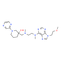 ChemSpider 2D Image | 3-{[(2-{[9-(2-Methoxyethyl)-9H-purin-6-yl](methyl)amino}ethyl)(methyl)amino]methyl}-1-(2-pyrazinyl)-3-piperidinol | C22H33N9O2
