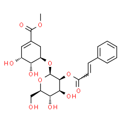 ChemSpider 2D Image | Methyl (3R,4R,5R)-3,4-dihydroxy-5-({2-O-[(2E)-3-phenyl-2-propenoyl]-beta-D-mannopyranosyl}oxy)-1-cyclohexene-1-carboxylate | C23H28O11
