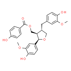 ChemSpider 2D Image | [(2R,3R,4S)-4-(4-Hydroxy-3-methoxybenzyl)-2-(4-hydroxy-3-methoxyphenyl)tetrahydro-3-furanyl]methyl 4-hydroxybenzoate | C27H28O8