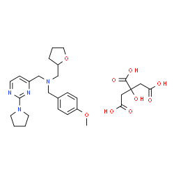 ChemSpider 2D Image | 1-(4-Methoxyphenyl)-N-{[2-(1-pyrrolidinyl)-4-pyrimidinyl]methyl}-N-(tetrahydro-2-furanylmethyl)methanamine 2-hydroxy-1,2,3-propanetricarboxylate (1:1) | C28H38N4O9