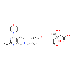 ChemSpider 2D Image | 2-Isopropyl-7-(4-methoxybenzyl)-4-(4-morpholinyl)-5,6,7,8-tetrahydropyrido[3,4-d]pyrimidine 2-hydroxy-1,2,3-propanetricarboxylate (1:1) | C28H38N4O9