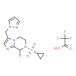 ChemSpider 2D Image | 7-(Cyclopropylsulfonyl)-8-methyl-3-(1H-pyrazol-1-ylmethyl)-5,6,7,8-tetrahydroimidazo[1,2-a]pyrazine trifluoroacetate (1:1) | C16H20F3N5O4S