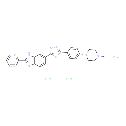ChemSpider 2D Image | 6-{3-[4-(4-Methyl-1-piperazinyl)phenyl]-1,2,4-oxadiazol-5-yl}-2-(2-pyridinyl)-1H-benzimidazole trihydrochloride | C25H26Cl3N7O