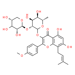 ChemSpider 2D Image | 5,7-Dihydroxy-2-(4-methoxyphenyl)-8-(3-methyl-2-buten-1-yl)-4-oxo-4H-chromen-3-yl 6-deoxy-2-O-[(3xi)-beta-D-erythro-pentopyranosyl]-L-altropyranoside | C32H38O14