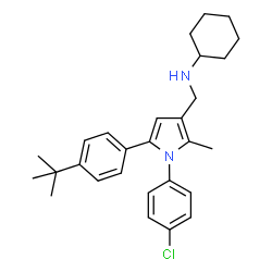 ChemSpider 2D Image | N-({1-(4-Chlorophenyl)-2-methyl-5-[4-(2-methyl-2-propanyl)phenyl]-1H-pyrrol-3-yl}methyl)cyclohexanamine | C28H35ClN2