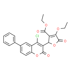 ChemSpider 2D Image | Ethyl 2-(4-chloro-2-oxo-6-phenyl-2H-chromen-3-yl)-4-ethoxy-5-oxo-2,5-dihydro-3-furancarboxylate | C24H19ClO7