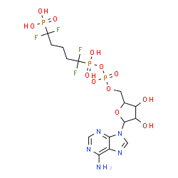 ChemSpider 2D Image | 9-[5-O-(Hydroxy{[hydroxy(1,1,5,5-tetrafluoro-5-phosphonopentyl)phosphoryl]oxy}phosphoryl)pentofuranosyl]-9H-purin-6-amine | C15H22F4N5O12P3