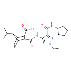 ChemSpider 2D Image | 3-{[3-(Cyclopentylcarbamoyl)-1-ethyl-1H-pyrazol-4-yl]carbamoyl}-7-isopropylidenebicyclo[2.2.1]heptane-2-carboxylic acid | C23H32N4O4