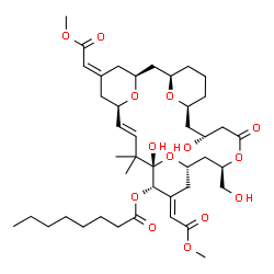 ChemSpider 2D Image | (1R,3S,5E,7R,8E,11S,12S,13E,15S,17R,21R,23S)-11,21-Dihydroxy-17-(hydroxymethyl)-5,13-bis(2-methoxy-2-oxoethylidene)-10,10-dimethyl-19-oxo-18,27,28,29-tetraoxatetracyclo[21.3.1.1~3,7~.1~11,15~]nonacos-
8-en-12-yl octanoate | C42H64O14