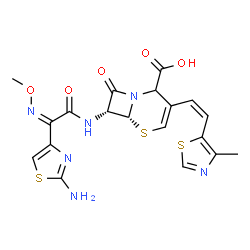 ChemSpider 2D Image | (6R,7R)-7-{[(2Z)-2-(2-Amino-1,3-thiazol-4-yl)-2-(methoxyimino)acetyl]amino}-3-[(Z)-2-(4-methyl-1,3-thiazol-5-yl)vinyl]-8-oxo-5-thia-1-azabicyclo[4.2.0]oct-3-ene-2-carboxylic acid | C19H18N6O5S3
