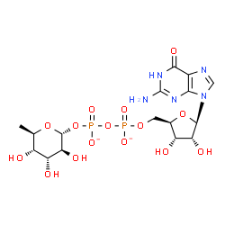 ChemSpider 2D Image | [[(2R,3S,4R,5R)-5-(2-amino-6-oxo-1H-purin-9-yl)-3,4-dihydroxy-tetrahydrofuran-2-yl]methoxy-oxido-phosphoryl] [(2R,3S,4R,5S,6R)-3,4,5-trihydroxy-6-methyl-tetrahydropyran-2-yl] phosphate | C16H23N5O15P2