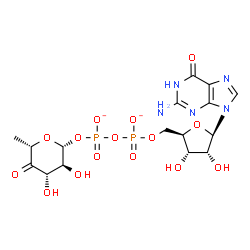 ChemSpider 2D Image | [[(2R,3S,4R,5R)-5-(2-amino-6-oxo-1H-purin-9-yl)-3,4-dihydroxy-tetrahydrofuran-2-yl]methoxy-oxido-phosphoryl] [(2R,3S,4S,6S)-3,4-dihydroxy-6-methyl-5-oxo-tetrahydropyran-2-yl] phosphate | C16H21N5O15P2