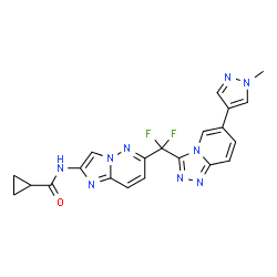 ChemSpider 2D Image | N-(6-{Difluoro[6-(1-methyl-1H-pyrazol-4-yl)[1,2,4]triazolo[4,3-a]pyridin-3-yl]methyl}imidazo[1,2-b]pyridazin-2-yl)cyclopropanecarboxamide | C21H17F2N9O