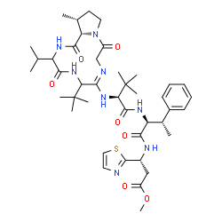 ChemSpider 2D Image | N-[(7E,14R,14aS)-3-Isopropyl-14-methyl-6-(2-methyl-2-propanyl)-1,4,10-trioxo-1,2,3,4,5,6,9,10,12,13,14,14a-dodecahydropyrrolo[1,2-a][1,4,7,10]tetraazacyclododecin-7-yl]-3-methyl-L-valyl-(betaS)-N-[(1R
)-3-methoxy-3-oxo-1-(1,3-thiazol-2-yl)propyl]-beta-methyl-L-phenylalaninamide | C42H62N8O7S
