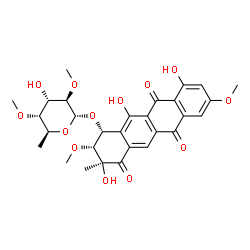 ChemSpider 2D Image | (1R,2R,3S)-3,10,12-Trihydroxy-2,8-dimethoxy-3-methyl-4,6,11-trioxo-1,2,3,4,6,11-hexahydro-1-tetracenyl 6-deoxy-2,4-di-O-methyl-alpha-L-altropyranoside | C29H32O13