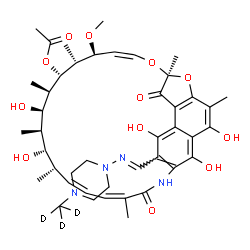 ChemSpider 2D Image | (7S,9Z,11S,12R,13S,14R,15R,16R,17S,18S,19Z,21Z)-2,15,17,27,29-Pentahydroxy-11-methoxy-3,7,12,14,16,18,22-heptamethyl-26-[(E)-{[4-(~2~H_3_)methyl-1-piperazinyl]imino}methyl]-6,23-dioxo-8,30-dioxa-24-az
atetracyclo[23.3.1.1~4,7~.0~5,28~]triaconta-1(29),2,4,9,19,21,25,27-octaen-13-yl acetate | C43H55D3N4O12