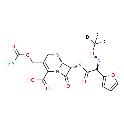 ChemSpider 2D Image | (6R,7R)-3-[(Carbamoyloxy)methyl]-7-{[(2Z)-2-(2-furyl)-2-{[(~2~H_3_)methyloxy]imino}acetyl]amino}-8-oxo-5-thia-1-azabicyclo[4.2.0]oct-2-ene-2-carboxylic acid | C16H13D3N4O8S