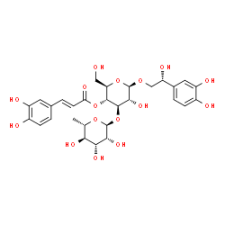 ChemSpider 2D Image | (2R)-2-(3,4-Dihydroxyphenyl)-2-hydroxyethyl 3-O-(6-deoxy-alpha-L-mannopyranosyl)-4-O-[(2E)-3-(3,4-dihydroxyphenyl)-2-propenoyl]-beta-D-glucopyranoside | C29H36O16