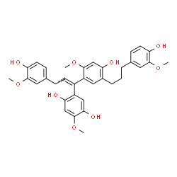 ChemSpider 2D Image | 2-[(1E)-1-{4-Hydroxy-5-[3-(4-hydroxy-3-methoxyphenyl)propyl]-2-methoxyphenyl}-3-(4-hydroxy-3-methoxyphenyl)-1-propen-1-yl]-5-methoxy-1,4-benzenediol | C34H36O9