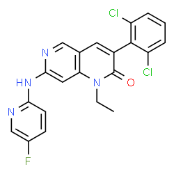 ChemSpider 2D Image | 3-(2,6-Dichlorophenyl)-1-ethyl-7-[(5-fluoro-2-pyridinyl)amino]-1,6-naphthyridin-2(1H)-one | C21H15Cl2FN4O