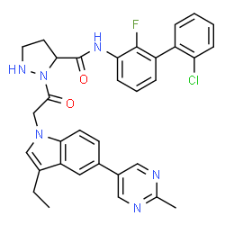 ChemSpider 2D Image | N-(2'-Chloro-2-fluoro-3-biphenylyl)-2-{[3-ethyl-5-(2-methyl-5-pyrimidinyl)-1H-indol-1-yl]acetyl}-3-pyrazolidinecarboxamide | C33H30ClFN6O2