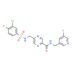ChemSpider 2D Image | 5-({[(3-Chloro-4-fluorophenyl)sulfonyl]amino}methyl)-N-[(5-fluoro-3-pyridinyl)methyl]-2-pyrazinecarboxamide | C18H14ClF2N5O3S