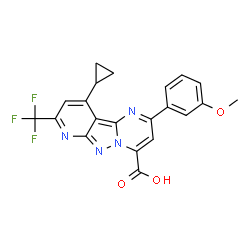 ChemSpider 2D Image | 10-Cyclopropyl-2-(3-methoxyphenyl)-8-(trifluoromethyl)pyrido[2',3':3,4]pyrazolo[1,5-a]pyrimidine-4-carboxylic acid | C21H15F3N4O3