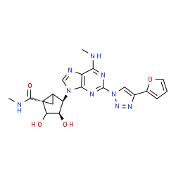 ChemSpider 2D Image | (1S,3R,4R)-4-{2-[4-(2-Furyl)-1H-1,2,3-triazol-1-yl]-6-(methylamino)-9H-purin-9-yl}-2,3-dihydroxy-N-methylbicyclo[3.1.0]hexane-1-carboxamide | C20H21N9O4