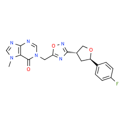 ChemSpider 2D Image | 1-({3-[(3R,5R)-5-(4-Fluorophenyl)tetrahydro-3-furanyl]-1,2,4-oxadiazol-5-yl}methyl)-7-methyl-1,7-dihydro-6H-purin-6-one | C19H17FN6O3