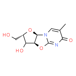 ChemSpider 2D Image | (2S,3aS,9aR)-3-Hydroxy-2-(hydroxymethyl)-7-methyl-2,3,3a,9a-tetrahydro-6H-furo[2',3':4,5][1,3]oxazolo[3,2-a]pyrimidin-6-one | C10H12N2O5