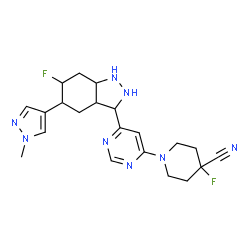 ChemSpider 2D Image | 4-Fluoro-1-{6-[6-fluoro-5-(1-methyl-1H-pyrazol-4-yl)octahydro-1H-indazol-3-yl]-4-pyrimidinyl}-4-piperidinecarbonitrile | C21H26F2N8
