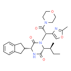 ChemSpider 2D Image | (3R,6R)-6-[(2S)-2-Butanyl]-3-(2,3-dihydro-1H-inden-2-yl)-1-[(1S)-1-(2-methyl-1,3-oxazol-4-yl)-2-(4-morpholinyl)-2-oxoethyl]-2,5-piperazinedione | C27H34N4O5