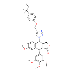 ChemSpider 2D Image | (5R,5aR,8aS,9R)-9-(4-{[4-(2-Methyl-2-butanyl)phenoxy]methyl}-1H-1,2,3-triazol-1-yl)-5-(3,4,5-trimethoxyphenyl)-5,8,8a,9-tetrahydrofuro[3',4':6,7]naphtho[2,3-d][1,3]dioxol-6(5aH)-one | C36H39N3O8