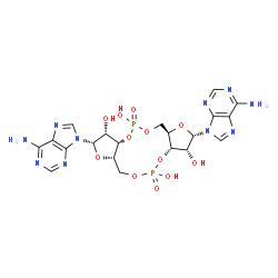 ChemSpider 2D Image | (2S,3R,3aS,7aR,9S,10R,10aS,14aS)-2,9-Bis(6-amino-9H-purin-9-yl)octahydro-2H,7H-difuro[3,2-d:3',2'-j][1,3,7,9,2,8]tetraoxadiphosphacyclododecine-3,5,10,12-tetrol 5,12-dioxide | C20H24N10O12P2