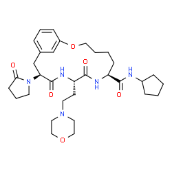 ChemSpider 2D Image | (7S,10S,13S)-N-Cyclopentyl-10-[2-(4-morpholinyl)ethyl]-9,12-dioxo-13-(2-oxo-1-pyrrolidinyl)-2-oxa-8,11-diazabicyclo[13.3.1]nonadeca-1(19),15,17-triene-7-carboxamide | C32H47N5O6