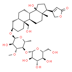 ChemSpider 2D Image | (3alpha,5alpha,8alpha,9beta,10alpha,13alpha,14alpha,17alpha)-3-{[6-Deoxy-4-O-(beta-D-glucopyranosyl)-3-O-methyl-alpha-D-glucopyranosyl]oxy}-14,19-dihydroxycard-20(22)-enolide | C36H56O14
