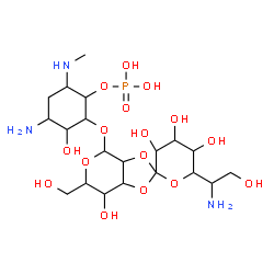 ChemSpider 2D Image | 4-Amino-2-{[6'-(1-amino-2-hydroxyethyl)-3',4',5',7-tetrahydroxy-6-(hydroxymethyl)octahydro-4H-spiro[1,3-dioxolo[4,5-c]pyran-2,2'-pyran]-4-yl]oxy}-3-hydroxy-6-(methylamino)cyclohexyl dihydrogen phospha
te (non-preferred name) | C20H38N3O16P