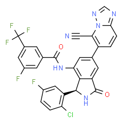 ChemSpider 2D Image | N-[(3R)-3-(2-Chloro-5-fluorophenyl)-6-(5-cyano[1,2,4]triazolo[1,5-a]pyridin-6-yl)-1-oxo-2,3-dihydro-1H-isoindol-4-yl]-3-fluoro-5-(trifluoromethyl)benzamide | C29H14ClF5N6O2