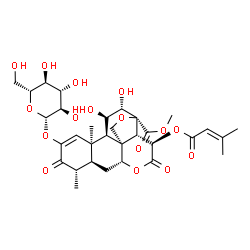 ChemSpider 2D Image | Methyl (8alpha,10alpha,12alpha,15beta)-2-(beta-D-glucopyranosyloxy)-11,12-dihydroxy-15-[(3-methyl-2-butenoyl)oxy]-3,16-dioxo-13,20-epoxypicras-1-en-21-oate | C32H42O16