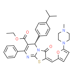 ChemSpider 2D Image | Ethyl (2E)-5-(4-isopropylphenyl)-2-{[5-(4-methyl-1-piperazinyl)-2-furyl]methylene}-3-oxo-7-phenyl-2,3-dihydro-5H-[1,3]thiazolo[3,2-a]pyrimidine-6-carboxylate | C34H36N4O4S