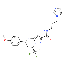 ChemSpider 2D Image | N-[3-(1H-Imidazol-1-yl)propyl]-5-(4-methoxyphenyl)-7-(trifluoromethyl)-4,5,6,7-tetrahydropyrazolo[1,5-a]pyrimidine-2-carboxamide | C21H23F3N6O2