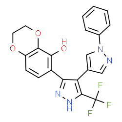 ChemSpider 2D Image | 6-[1'-Phenyl-5-(trifluoromethyl)-1H,1'H-4,4'-bipyrazol-3-yl]-2,3-dihydro-1,4-benzodioxin-5-ol | C21H15F3N4O3