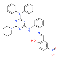 ChemSpider 2D Image | 2-{(E)-[(2-{[4-(Diphenylamino)-6-(1-piperidinyl)-1,3,5-triazin-2-yl]amino}phenyl)imino]methyl}-4-nitrophenol | C33H30N8O3
