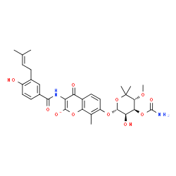 ChemSpider 2D Image | 7-{[(2R,3R,4S,5R)-4-(Carbamoyloxy)-3-hydroxy-5-methoxy-6,6-dimethyltetrahydro-2H-pyran-2-yl]oxy}-3-{[4-hydroxy-3-(3-methyl-2-buten-1-yl)benzoyl]amino}-8-methyl-4-oxo-4H-chromen-2-olate (non-preferred 
name) | C31H35N2O11