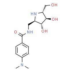 ChemSpider 2D Image | N-{[(2R,3R,4R,5R)-3,4-Dihydroxy-5-(hydroxymethyl)-2-pyrrolidinyl]methyl}-4-(dimethylamino)benzamide | C15H23N3O4