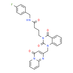 ChemSpider 2D Image | 4-{2,4-Dioxo-1-[(4-oxo-4H-pyrido[1,2-a]pyrimidin-2-yl)methyl]-1,4-dihydro-3(2H)-quinazolinyl}-N-(4-fluorobenzyl)butanamide | C28H24FN5O4