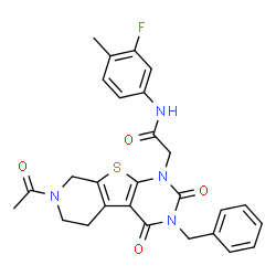ChemSpider 2D Image | 2-(7-Acetyl-3-benzyl-2,4-dioxo-3,4,5,6,7,8-hexahydropyrido[4',3':4,5]thieno[2,3-d]pyrimidin-1(2H)-yl)-N-(3-fluoro-4-methylphenyl)acetamide | C27H25FN4O4S